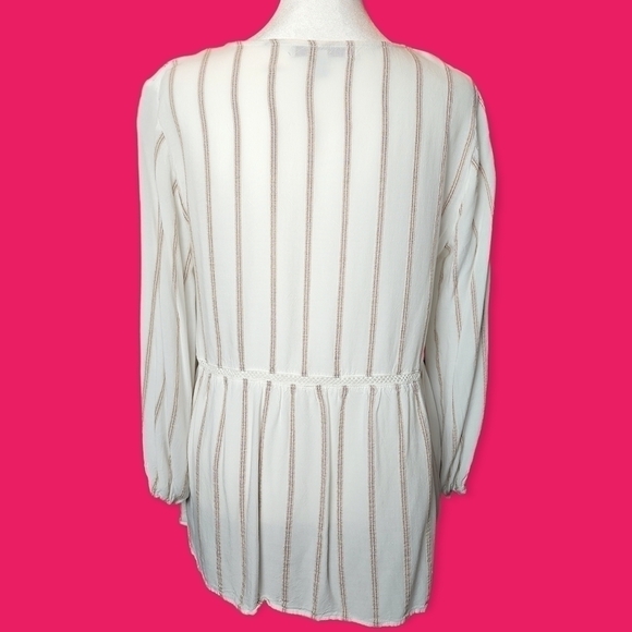 Ivory & Tan Peplum Balloon Sleeve Crochet Detail Striped Blouse Size Small - Picture 5 of 7